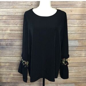 PLEIONE  Elegant Black Women's Top with Sheer Sleeve Floral Accents